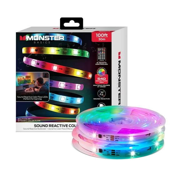 Monster Basics 100ft Sound-Reactive RGB Color Flow LED Light Strip with Remote Control, USB Powered