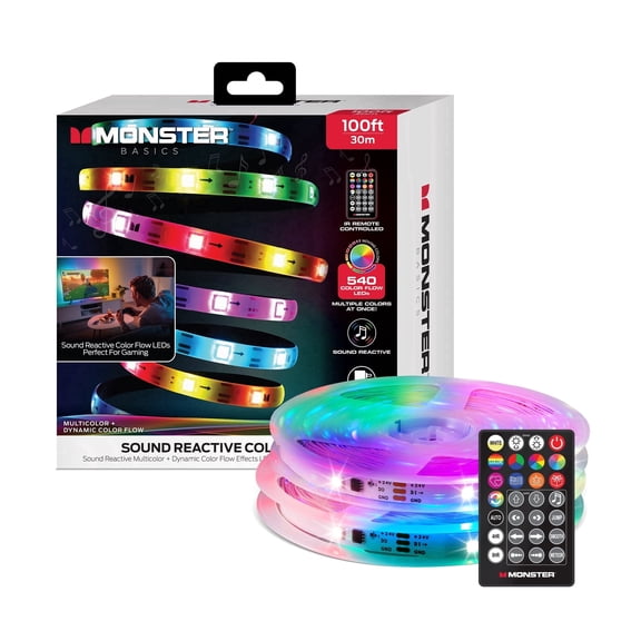 Monster Basics 100ft Sound-Reactive RGB Color Flow LED Light Strip with Remote Control, USB Powered
