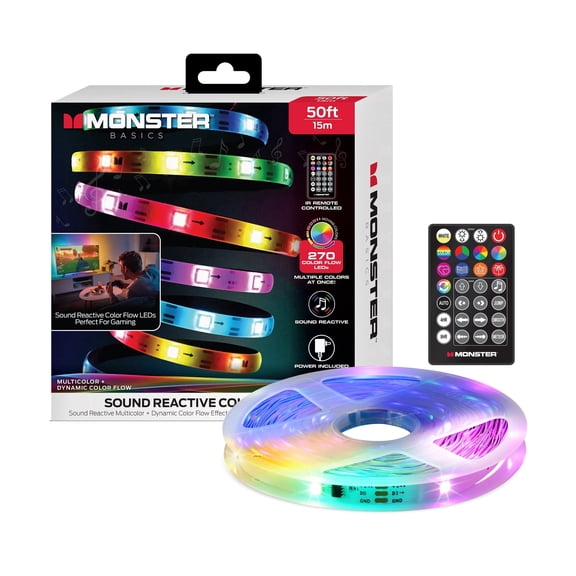 Monster Basics 50ft Sound-Reactive RGB Color Flow LED Light Strip with Remote Control, USB Powered