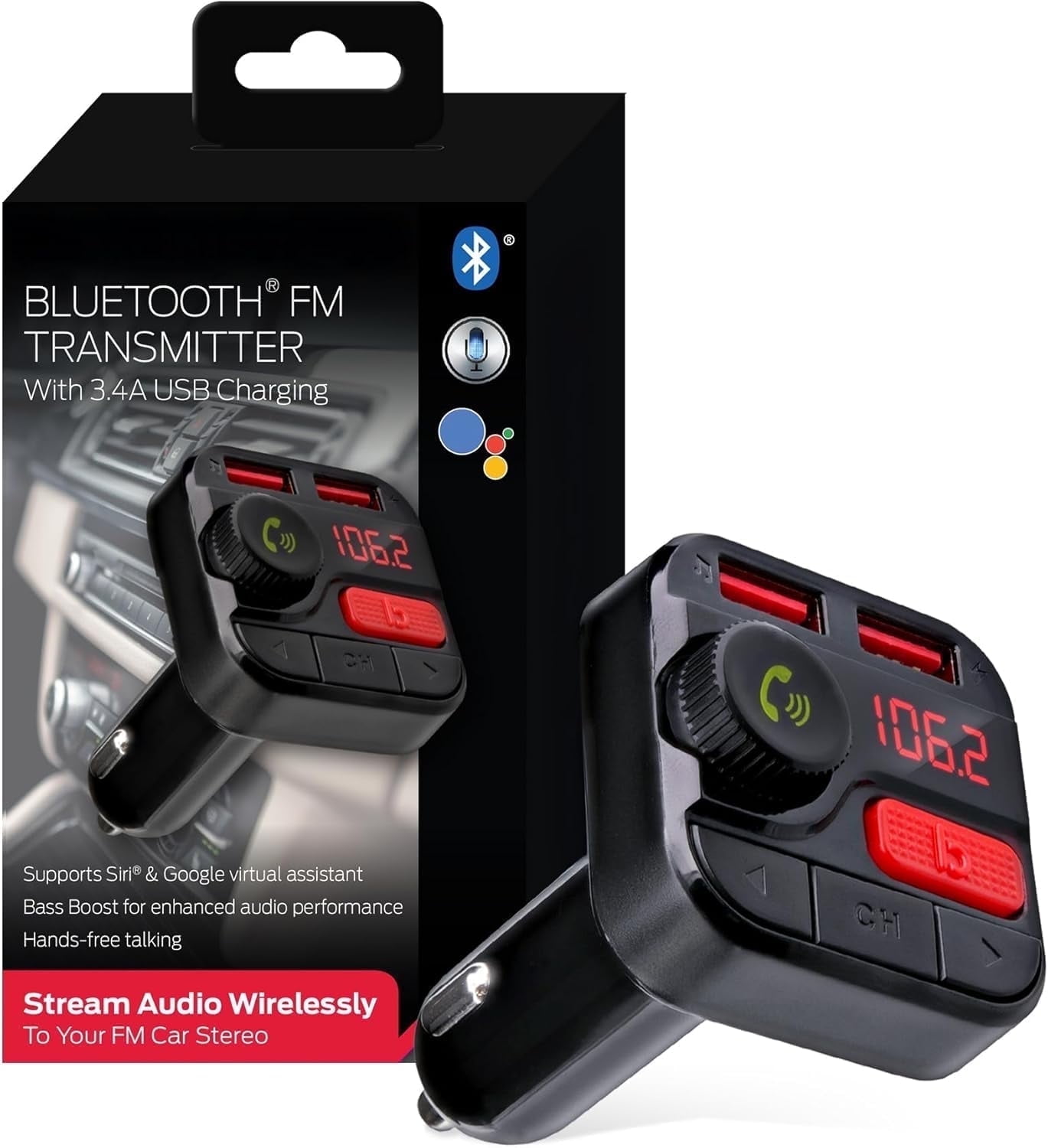 Monster Bluetooth FM Transmitter for Cars with 2 USB Ports, 3.4A , 7.9 x 2.8 x 2.2, 0.25lb