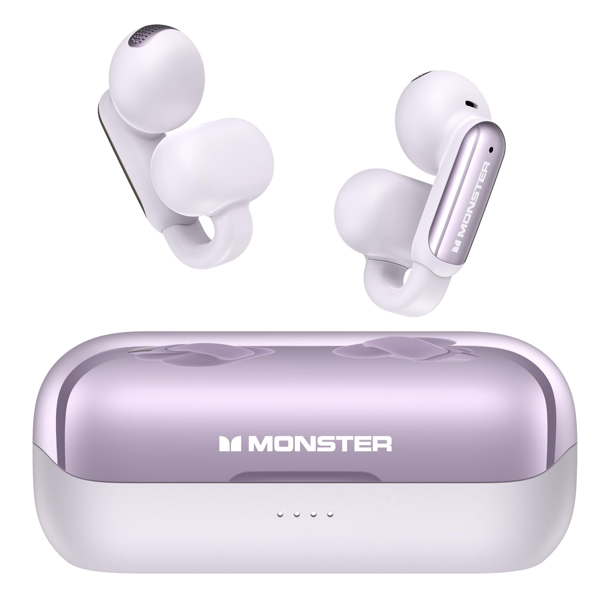 Monster Open Ear Wireless Earbuds, Comfortable Clip-on Earbuds  with Noise Cancellation,  Touch Control & IPX5 Waterproof Headphones for Sport, White