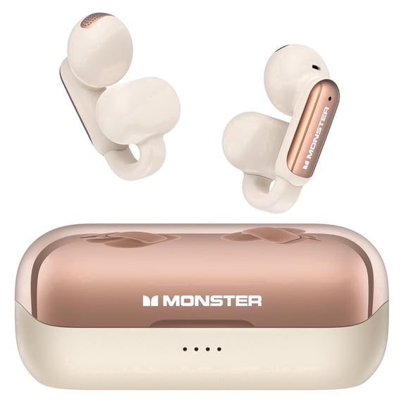 Monster Open Ear Wireless Earbuds, Comfortable Clip-on Earbuds with Noise Cancellation, Touch Control & IPX5 Waterproof Headphones for Sport, White