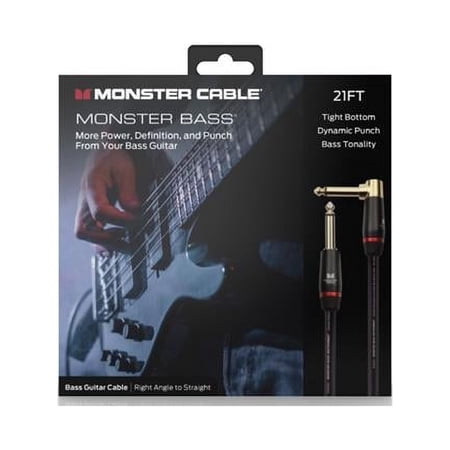 Monster Cable Prolink Monster Bass Pro Audio Instrument Cable, 21ft, Right Angle to Straight, Durable for Guitar & Bass, Black
