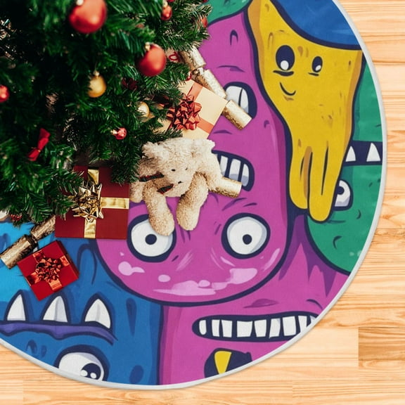 Monster Cartoon Doodle Christmas Tree Skirt Stand Mat Waterproof Floor Protection Mat for Holiday Decoration