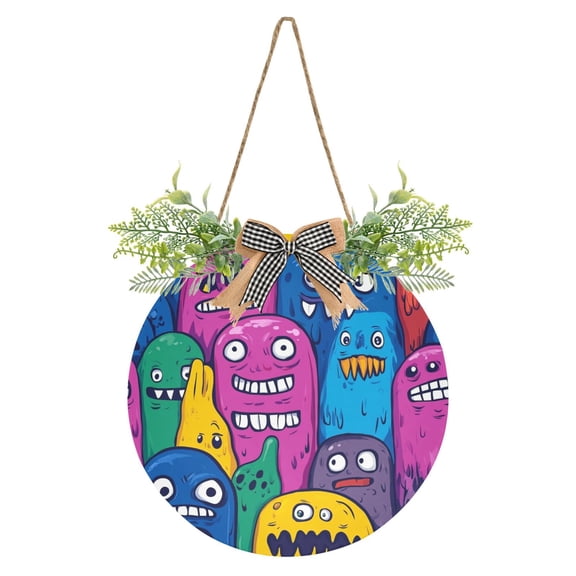 Monster Cartoon Doodle Front Door Porch Decoration Hanging Sign with Artificial Green Plants and Bow for Home Outdoor Indoor
