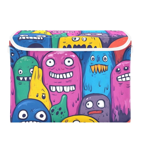 Monster Cartoon Doodle Large Storage Bins with Linen Collapsible Lid Storage Box 16.7 x 12.6 x 11.8in