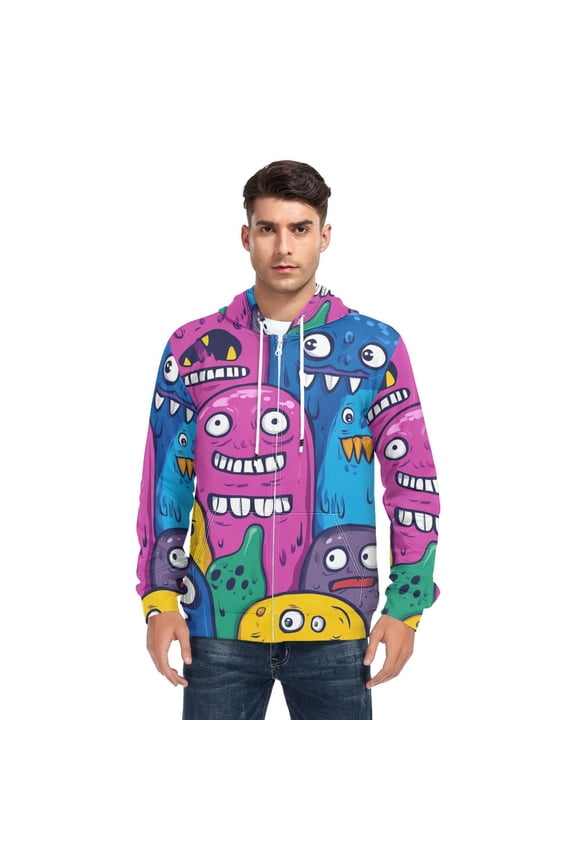 Monster Cartoon Doodle Men’s Hoodies Sweatshirt with Full Zip Pockets Fleece Jackets