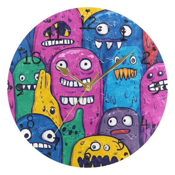 Monster Cartoon Doodle Round Wall Clock Silent Battery Operated Home Decor for Living Room Bedroom