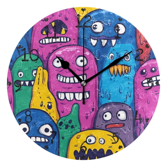 Monster Cartoon Doodle Round Wall Clock Silent Battery Operated Home Decor for Living Room Bedroom