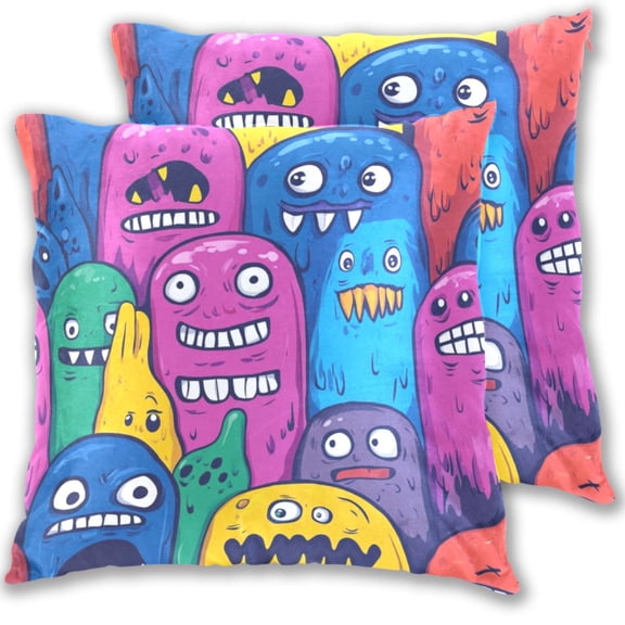 Monster Cartoon Doodle Throw Pillow Covers 16x16 Inch 2 Packs Decorative Square for Living Room Couch Bed Sofa