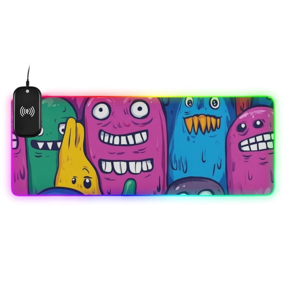 Monster Cartoon Doodle Wireless Charging RGB Gaming Mouse Pad Large Keyboard Mat Rubber Base 13 Light Modes