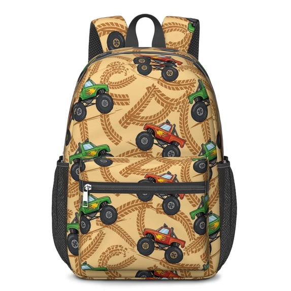 Monster Cartoon Truck Beige Pattern 17" Waterproof Oxford School Backpacks for Teens, S-Shape Padded Straps, for School, Travel, Hiking, Camping