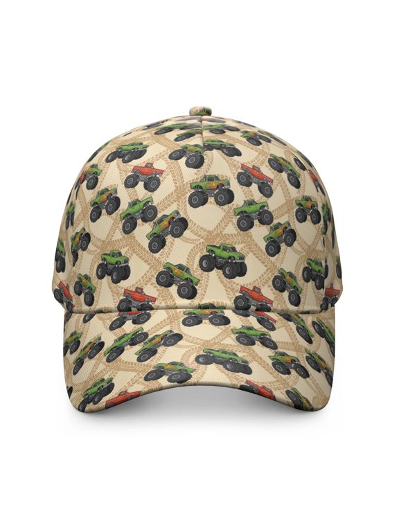 Monster Cartoon Truck Beige Pattern Baseball Cap, Structured Flat Bill Hat with Snap Closure & Sweatband, Breathable Eyelets Gifts for Unisex Men Women