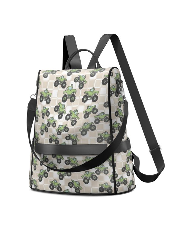 Monster Cartoon Truck Beige Pattern Fashion Backpack, Convertible Shoulder Bag with Side Bottle Pockets & Convertible Strap, Large Capacity Gifts for Birthday Christmas Thanksgiving
