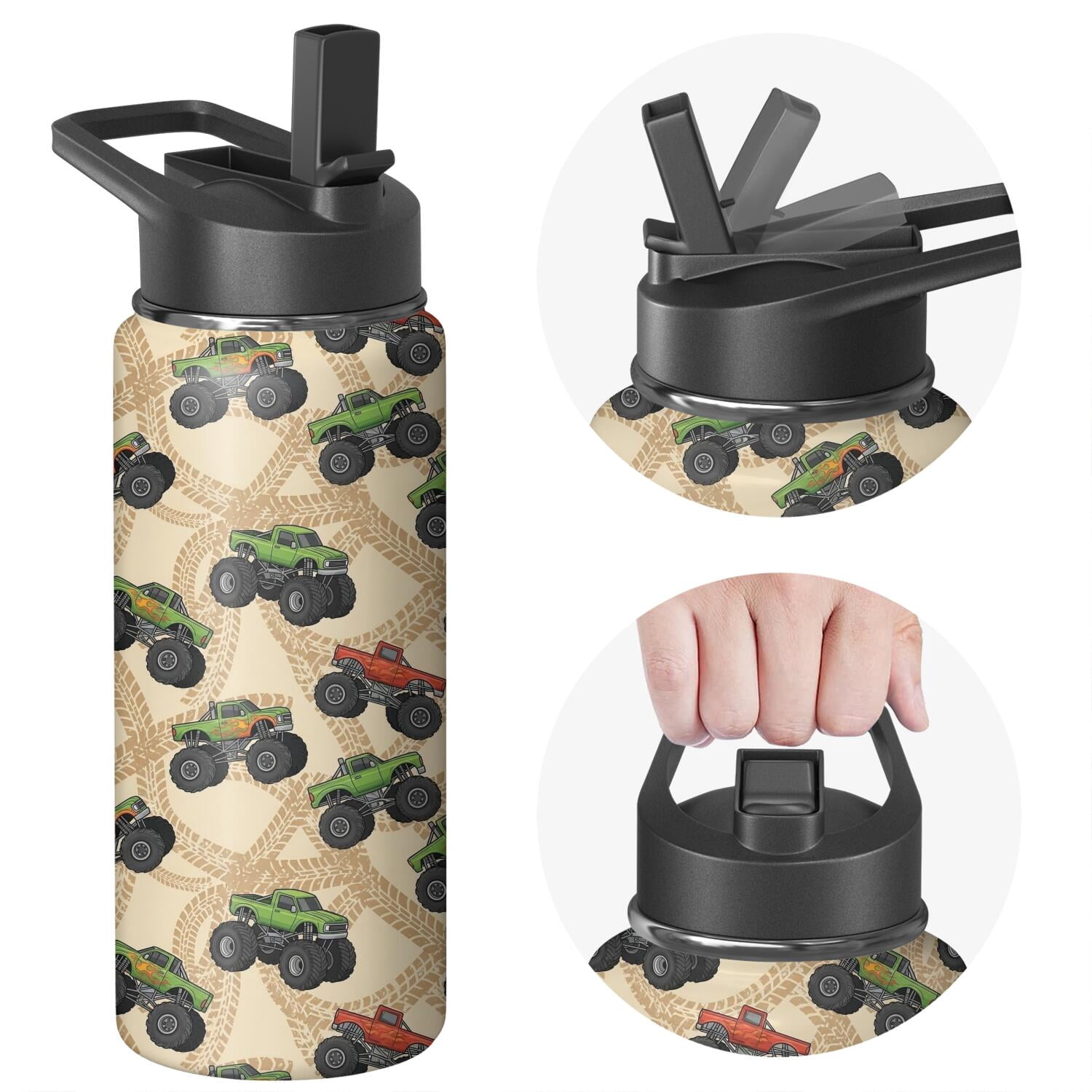 Monster Cartoon Truck Beige Pattern Insulated Water Bottle with Straw ...