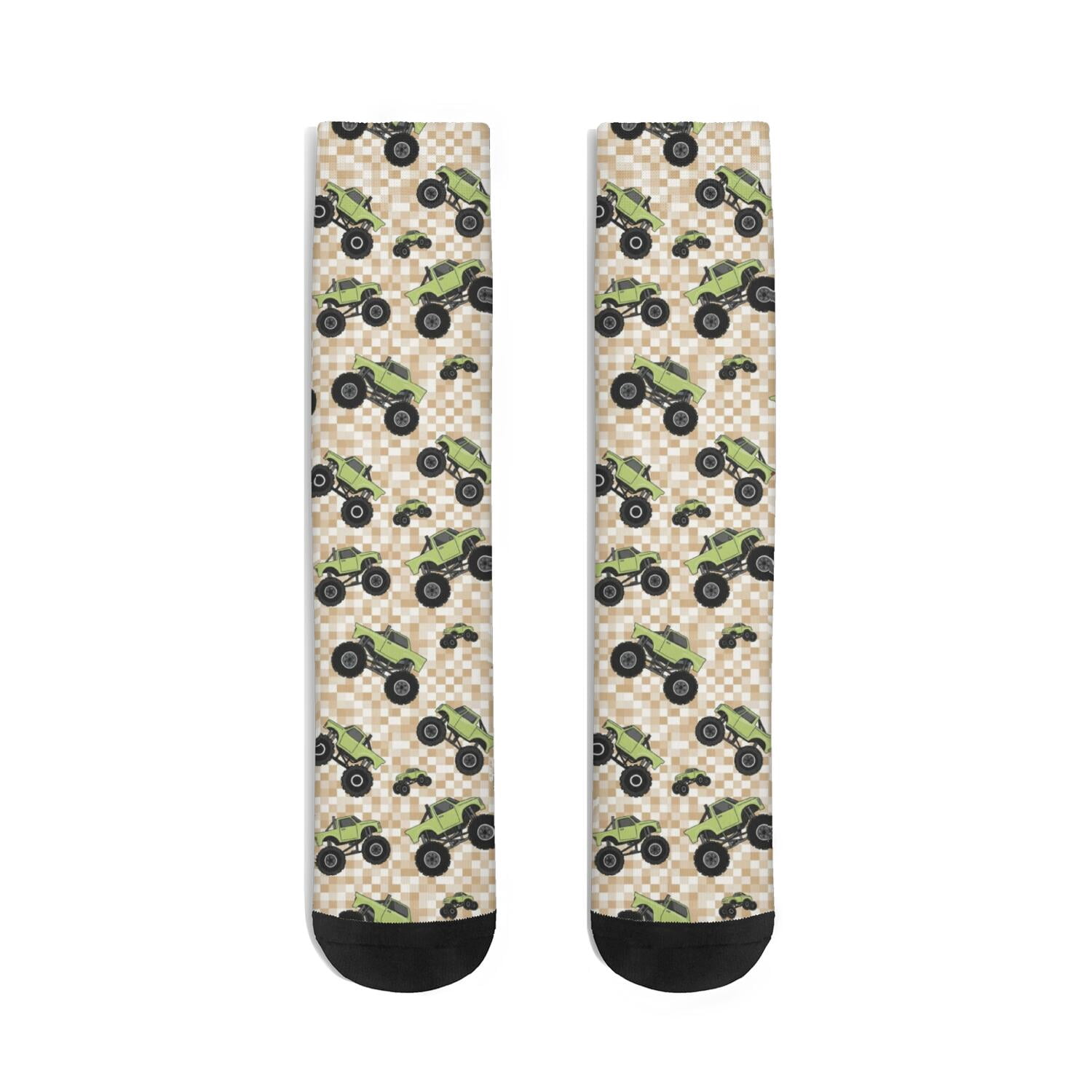 Monster Cartoon Truck Beige Pattern Men's Mid-calf Crew Socks, Work ...