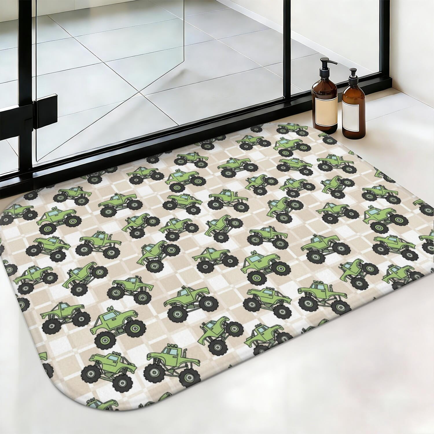 Monster Cartoon Truck Beige Pattern Non-Slip Bath Mat, Kitchen Floor ...