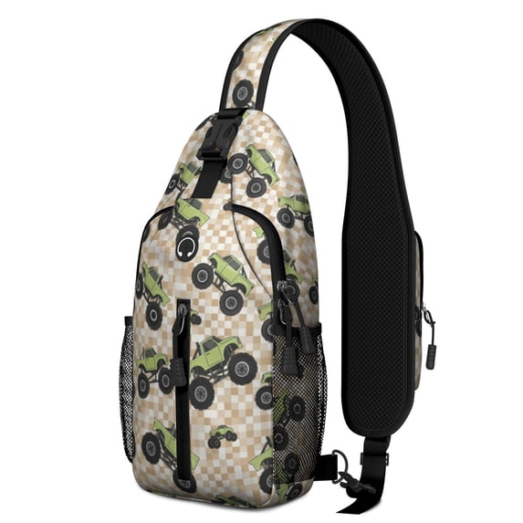 Monster Cartoon Truck Beige Pattern Sling Backpack, Casual Day Sling ...