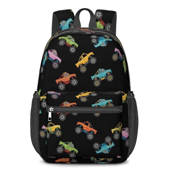 Monster Cartoon Truck Black Pattern 17" School Backpacks for Teens,Waterproof Oxford Fabric,S-Shape Padded Straps for School,Travel,Hiking,Camping