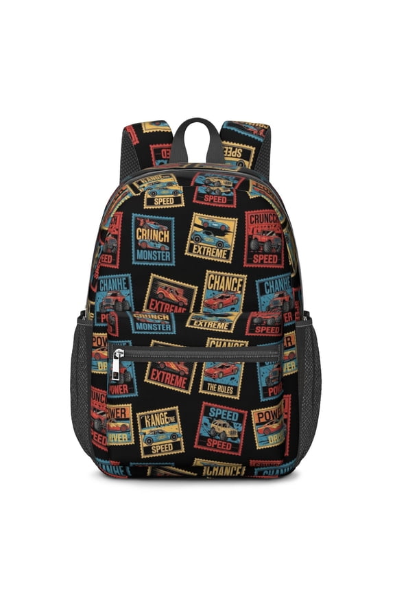 Monster Cartoon Truck Black Pattern 17" School Backpacks for Teens,Waterproof Oxford Fabric,S-Shape Padded Straps for School,Travel,Hiking,Camping