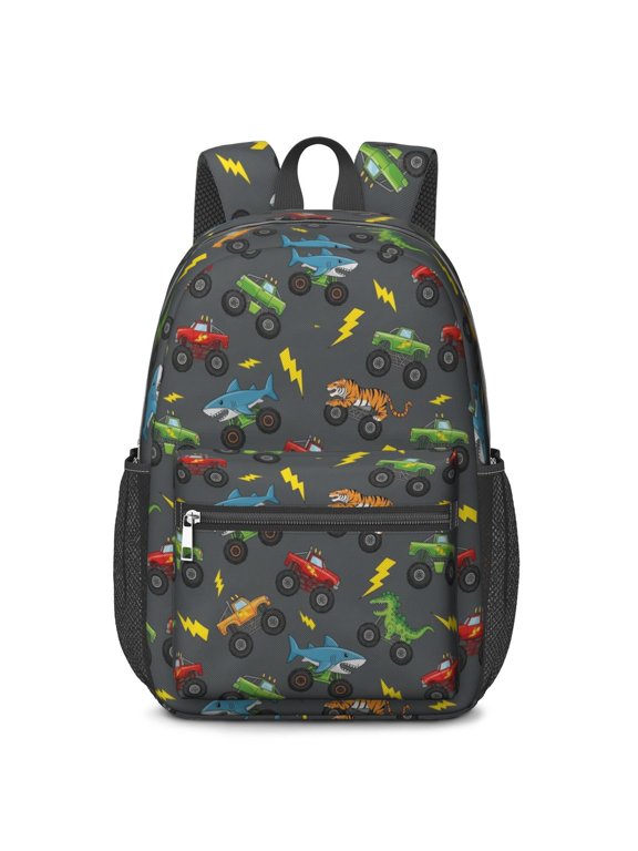 Monster Cartoon Truck Black Pattern 17" Waterproof Oxford School Backpacks for Teens, S-Shape Padded Straps, for School, Travel, Hiking, Camping