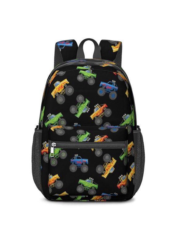 Monster Cartoon Truck Black Pattern 17" Waterproof Oxford School Backpacks for Teens, S-Shape Padded Straps, for School, Travel, Hiking, Camping