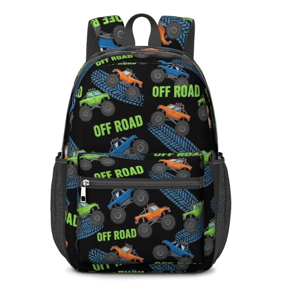 Monster Cartoon Truck Black Pattern 17" Waterproof Oxford School Backpacks for Teens, S-Shape Padded Straps, for School, Travel, Hiking, Camping