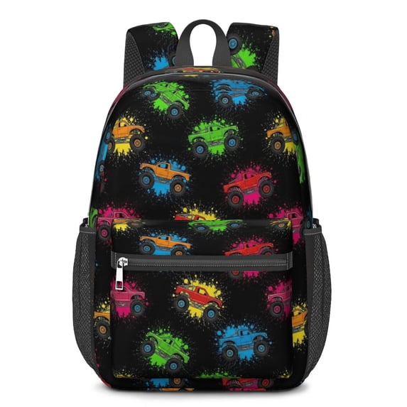 Monster Cartoon Truck Black Pattern 17" Waterproof Oxford School Backpacks for Teens, S-Shape Padded Straps, for School, Travel, Hiking, Camping