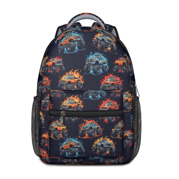 Monster Cartoon Truck Black Pattern Backpack for School, Cute School Bag with Adjustable Shoulder Straps and Padded Back, 15.3"x11"x6.7"