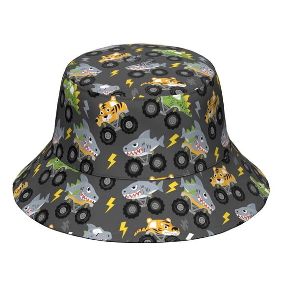 Monster Cartoon Truck Black Pattern Bucket Hat, Travel Foldable Hat ...