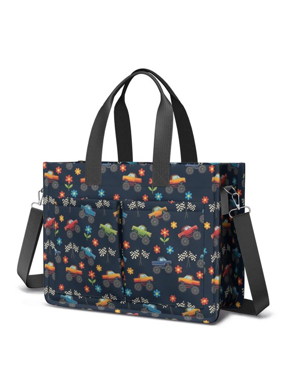 Monster Cartoon Truck Black Pattern Canvas Messenger Tote Bag, Nurse Handbag with Multi Pockets & Removable Strap, Large Capacity Gifts for Work Travel Shopping