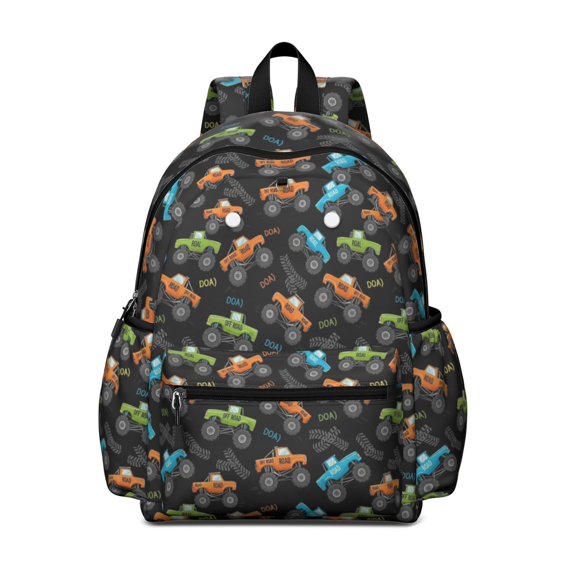 Monster Cartoon Truck Black Pattern Cute School Backpack with Padded Back and Adjustable Shoulder Straps 13.4"x11"x4.7"