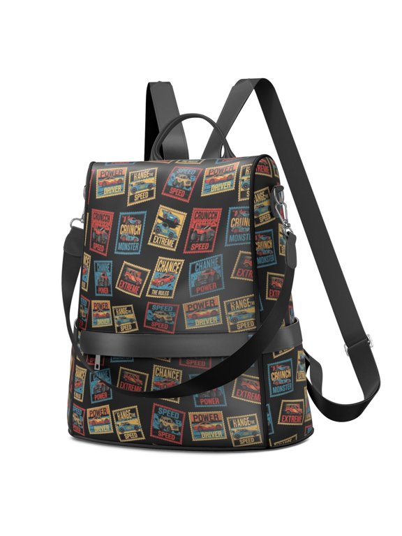 Monster Cartoon Truck Black Pattern Fashion Backpack, Convertible Shoulder Bag with Side Bottle Pockets & Convertible Strap, Multi Pockets Gifts for Work Travel Shopping