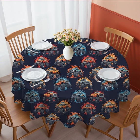 Monster Cartoon Truck Black Pattern Round Tablecloth 60"x60", Wrinkle Resistant Wipeable Table Cover for Kitchen Dining Room Picnic Patio and Party