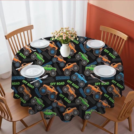 Monster Cartoon Truck Black Pattern Round Tablecloth 70"x70", Wrinkle Resistant Wipeable Table Cover for Kitchen Dining Room Picnic Patio and Party
