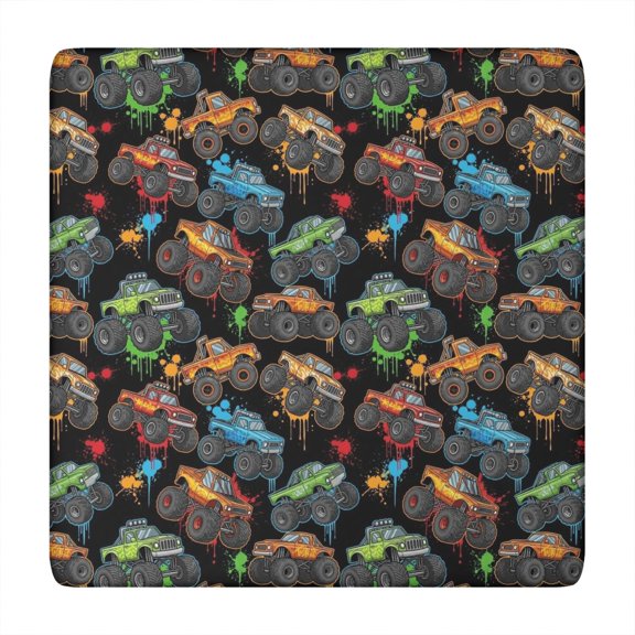 Monster Cartoon Truck Black Pattern Square Fitted Tablecloth with Elastic Edge, Washable Table Cover for Home Kitchen Party and Daily Decor 34"x34"