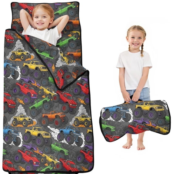 Monster Cartoon Truck Black Pattern Teens Toddler Nap Mat with Pillow, Sleeping Mat Bag for Preschool Daycare 50"x20"