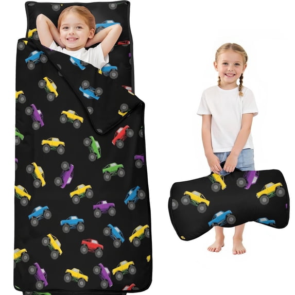 Monster Cartoon Truck Black Pattern Teens Toddler Nap Mat with Pillow, Sleeping Mat Bag for Preschool Daycare 59"x22"