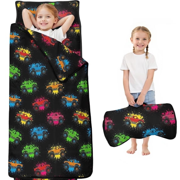 Monster Cartoon Truck Black Pattern Teens Toddler Nap Mat with Pillow, Sleeping Mat Bag for Preschool Daycare 59"x22"