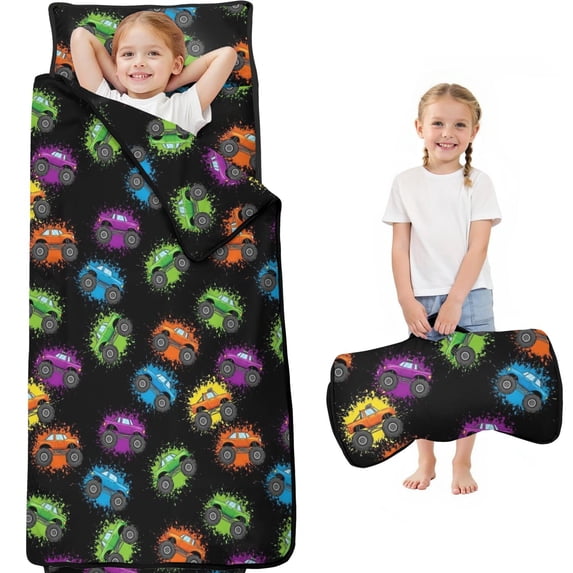 Monster Cartoon Truck Black Pattern Teens Toddler Nap Mat with Pillow, Sleeping Mat Bag for Preschool Daycare 59"x22"