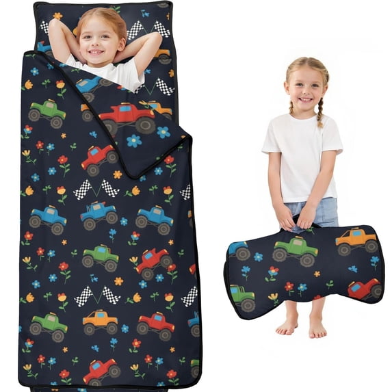 Monster Cartoon Truck Black Pattern Teens Toddler Nap Mat with Pillow, Sleeping Mat Bag for Preschool Daycare 60"x20"