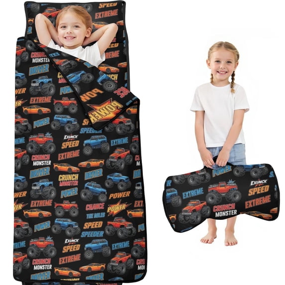 Monster Cartoon Truck Black Pattern Teens Toddler Nap Mat with Pillow, Sleeping Mat Bag for Preschool Daycare 60"x20"