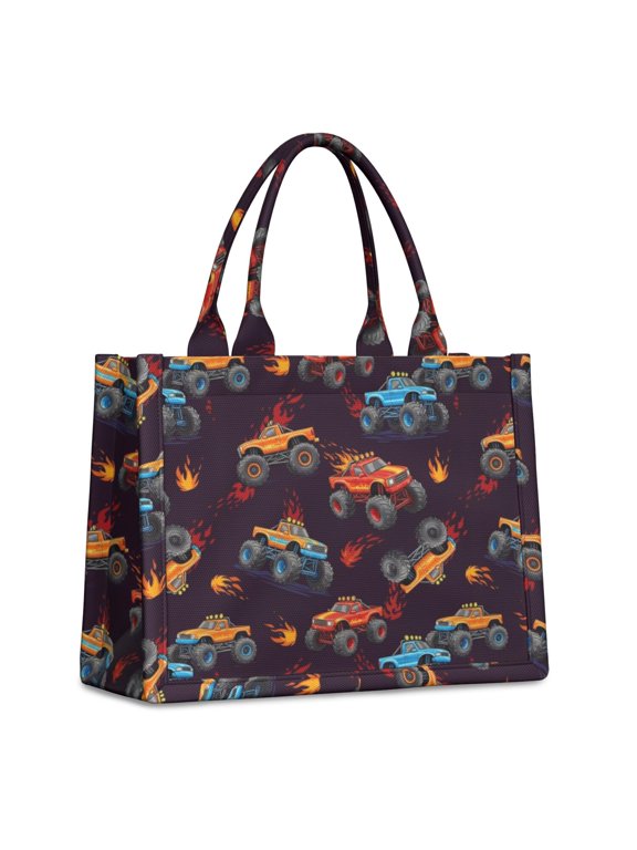 Monster Cartoon Truck Black Pattern Tote Bag, Travel Tote Purse with Interior Pockets & Top Handle, Large Capacity Gifts for Work Shopping Travel,15.7 X 5.1 X 13 Inches