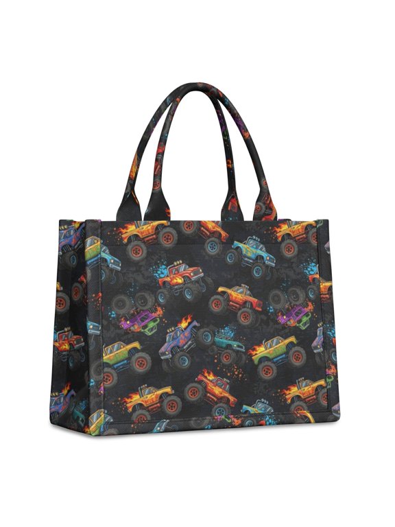 Monster Cartoon Truck Black Pattern Tote Bag, Work Tote with Interior Pockets & Top Handle, Smooth Zipper Gifts for Birthday Christmas Thanksgiving,15.7 X 5.1 X 13 Inches