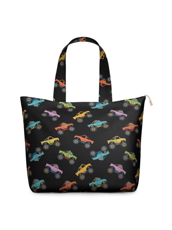 Monster Cartoon Truck Black Pattern Weekend Tote Bag, Outdoor Travel Carryall with Inner Zip Pocket, Heavy Load Bearing Gift Ideas for Work School Travel,22 X 12 X 18 Inches