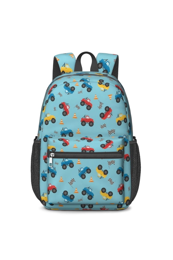 Monster Cartoon Truck Blue Pattern 17" School Backpacks for Teens,Waterproof Oxford Fabric,S-Shape Padded Straps for School,Travel,Hiking,Camping