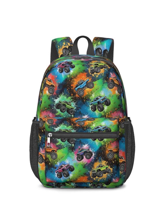 Monster Cartoon Truck Blue Pattern 17" School Backpacks for Teens,Waterproof Oxford Fabric,S-Shape Padded Straps for School,Travel,Hiking,Camping