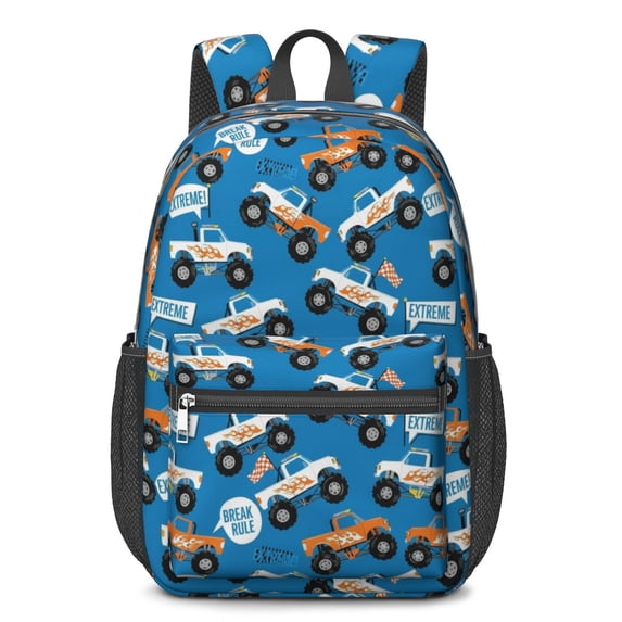 Monster Cartoon Truck Blue Pattern 17" Waterproof Oxford School Backpacks for Teens, S-Shape Padded Straps, for School, Travel, Hiking, Camping