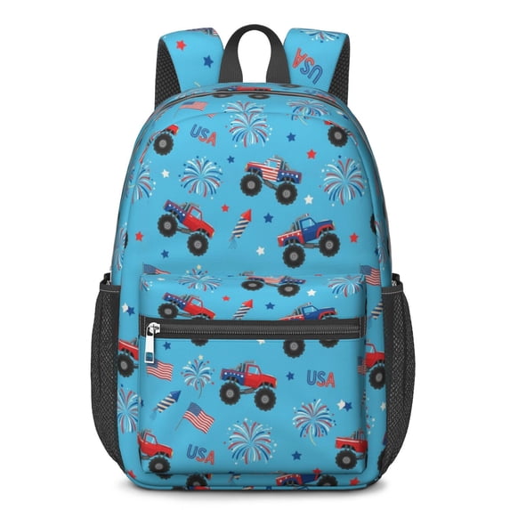 Monster Cartoon Truck Blue Pattern 17" Waterproof Oxford School Backpacks for Teens, S-Shape Padded Straps, for School, Travel, Hiking, Camping