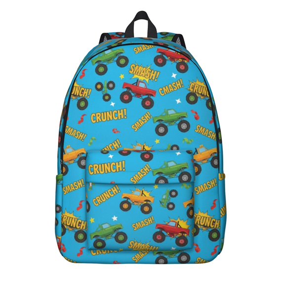 Monster Cartoon Truck Blue Pattern Backpack for School, Cute School Bag with Adjustable Shoulder Straps and Padded Back, 15.7"x11.8"x5.5"